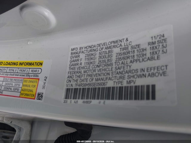 2025 Honda Cr-v Hybrid Sport მანქანა იყიდება აუქციონზე, vin: 7FARS6H56SE056067, აუქციონის ნომერი: 46126988