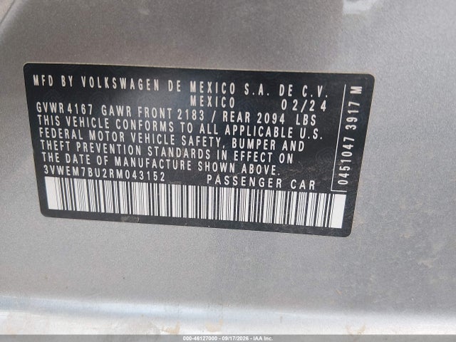 2024 Volkswagen Jetta 1.5t Se მანქანა იყიდება აუქციონზე, vin: 3VWEM7BU2RM043152, აუქციონის ნომერი: 46127000