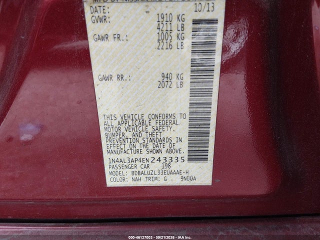 Продаж на аукціоні авто 2014 Nissan Altima 2.5 Sv, vin: 1N4AL3AP4EN243335, номер лоту: 46127003