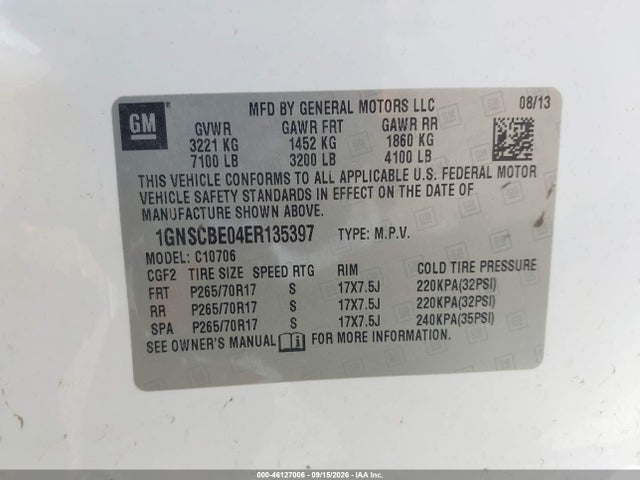 46127006 :رقم المزاد ، 1GNSCBE04ER135397 vin ، 2014 Chevrolet Tahoe Lt مزاد بيع