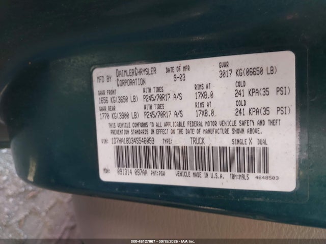 46127007 :رقم المزاد ، 1D7HA18D34S546093 vin ، 2004 Dodge Ram 1500 Slt/laramie مزاد بيع
