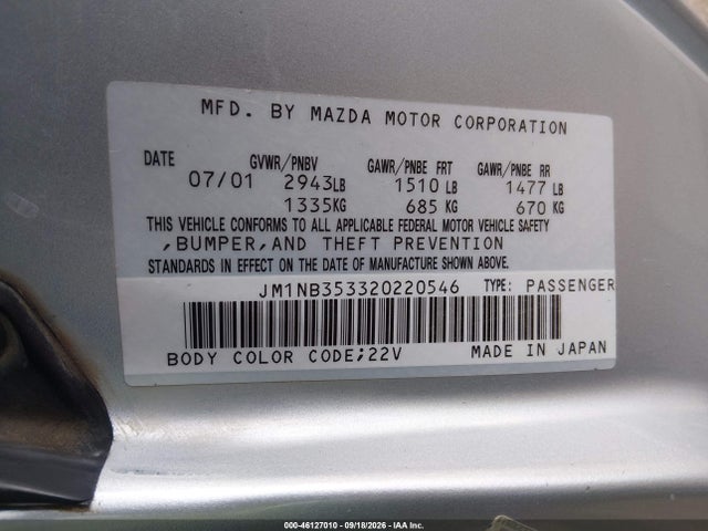 2002 Mazda Mx-5 Miata Ls მანქანა იყიდება აუქციონზე, vin: JM1NB353320220546, აუქციონის ნომერი: 46127010