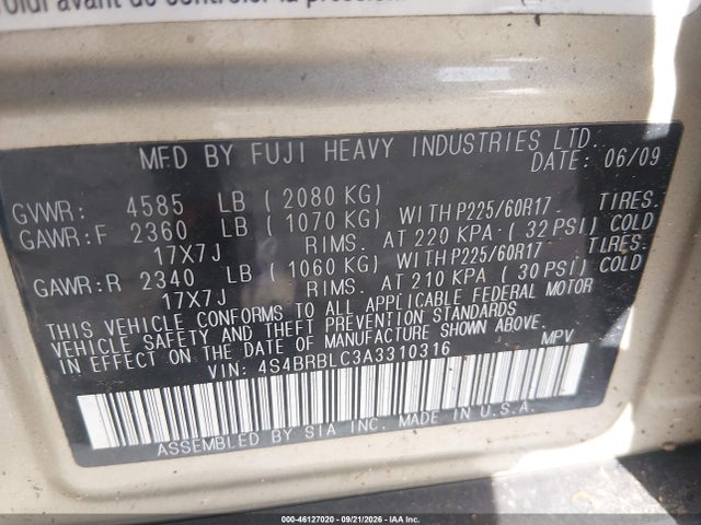 Aukcja sprzedaży 2010 Subaru Outback 2.5i Limited, vin: 4S4BRBLC3A3310316, numer aukcji: 46127020