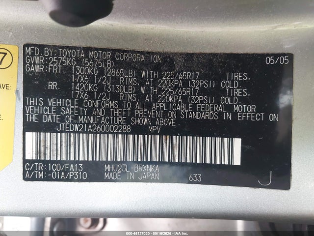 Продаж на аукціоні авто 2006 Toyota Highlander Hybrid V6, vin: JTEDW21A260002288, номер лоту: 46127030