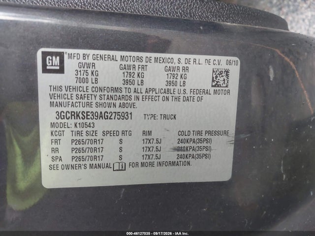 2010 Chevrolet Silverado 1500 Lt მანქანა იყიდება აუქციონზე, vin: 3GCRKSE39AG275931, აუქციონის ნომერი: 46127035