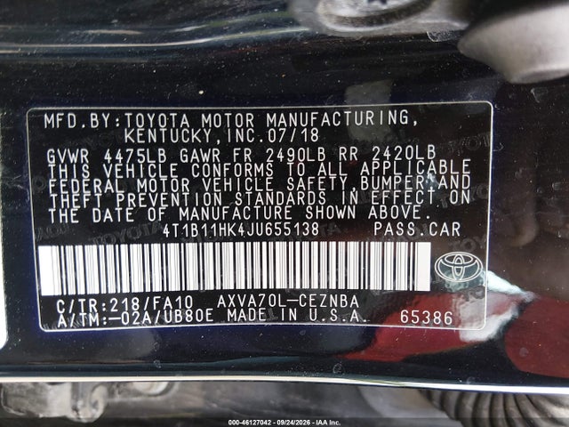 46127042 :رقم المزاد ، 4T1B11HK4JU655138 vin ، 2018 Toyota Camry Le مزاد بيع