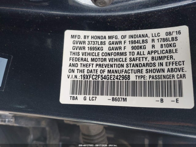 46127053 :رقم المزاد ، 19XFC2F54GE242968 vin ، 2016 Honda Civic Lx مزاد بيع