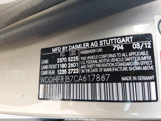 2012 Mercedes-benz E 350 4matic მანქანა იყიდება აუქციონზე, vin: WDDHF8JB7CA617867, აუქციონის ნომერი: 46127055
