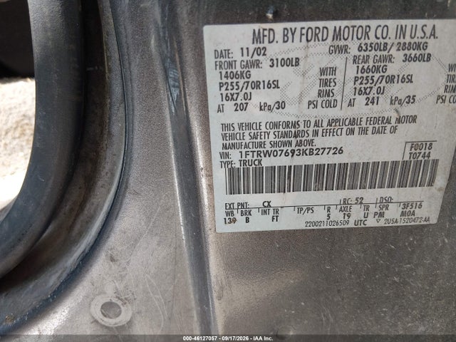 46127057 :رقم المزاد ، 1FTRW07693KB27726 vin ، 2003 Ford F-150 Lariat/xlt مزاد بيع