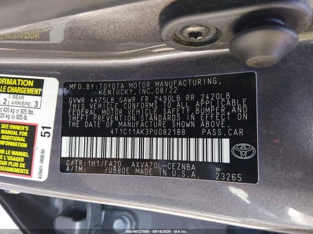 46127080 :رقم المزاد ، 4T1C11AK3PU082188 vin ، 2023 Toyota Camry Le مزاد بيع