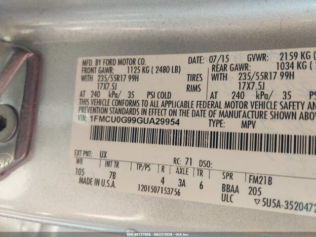 2016 Ford Escape Se მანქანა იყიდება აუქციონზე, vin: 1FMCU0G99GUA29954, აუქციონის ნომერი: 46127086