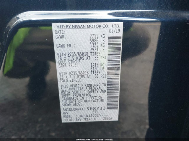 46127099 :رقم المزاد ، 5N1DL0MN4KC568733 vin ، 2019 Infiniti Qx60 Pure مزاد بيع