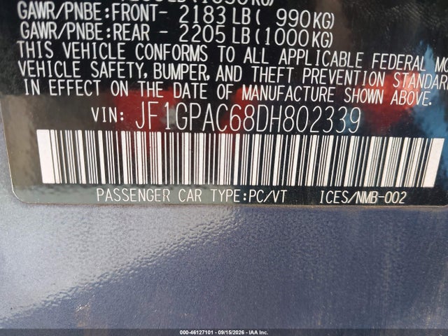 46127101 :رقم المزاد ، JF1GPAC68DH802339 vin ، 2013 Subaru Impreza 2.0i Premium مزاد بيع