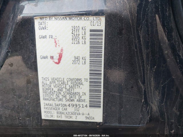 Продаж на аукціоні авто 2013 Nissan Altima 2.5 Sl, vin: 1N4AL3AP3DN499514, номер лоту: 46127104
