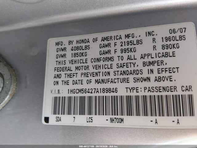 2007 Honda Accord 2.4 Lx მანქანა იყიდება აუქციონზე, vin: 1HGCM56427A189846, აუქციონის ნომერი: 46127109