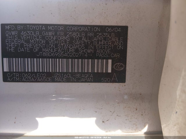 2004 Lexus Gs 300 მანქანა იყიდება აუქციონზე, vin: JT8BD69S540202714, აუქციონის ნომერი: 46127110