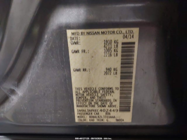 2014 Nissan Altima 2.5/2.5 S/2.5 Sl/2.5 Sv მანქანა იყიდება აუქციონზე, vin: 1N4AL3APXEC402449, აუქციონის ნომერი: 46127125