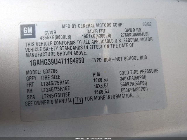 46127127 :رقم المزاد ، 1GAHG39U471194650 vin ، 2007 Chevrolet Express Ls مزاد بيع