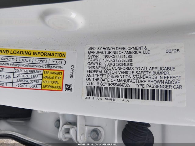 46127131 :رقم المزاد ، 1HGCY1F28SA047327 vin ، 2025 Honda Accord Lx مزاد بيع