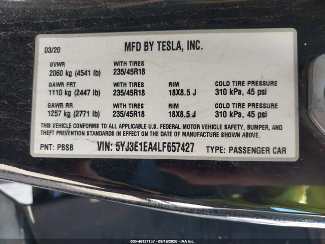 5YJ3E1EA4LF657427 Tesla Model 3 Standard Range Plus Rear-wheel Drive/standard Range Rear-wheel Drive