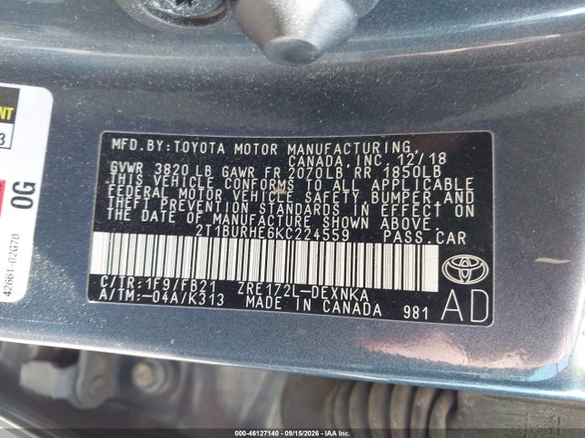 Продажа на аукционе авто 2019 Toyota Corolla Le, vin: 2T1BURHE6KC224559, номер лота: 46127140