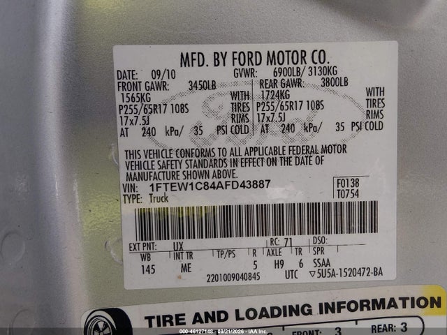Продаж на аукціоні авто 2010 Ford F-150 Fx2 Sport/xl/xlt, vin: 1FTEW1C84AFD43887, номер лоту: 46127148