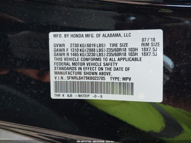 Aukcja sprzedaży 2019 Honda Odyssey Ex-l, vin: 5FNRL6H79KB023705, numer aukcji: 46127155