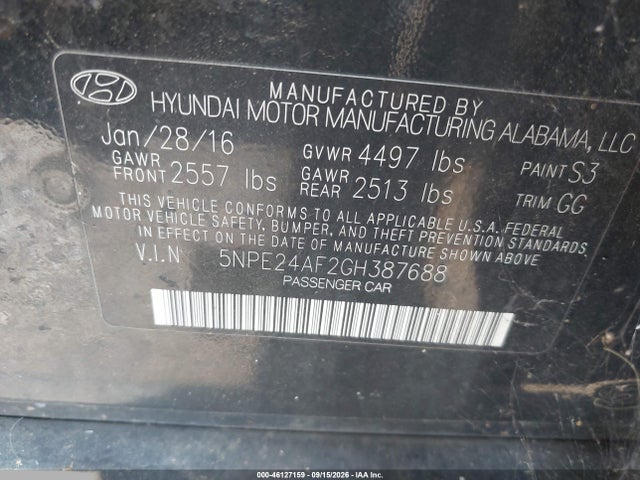 2016 Hyundai Sonata მანქანა იყიდება აუქციონზე, vin: 5NPE24AF2GH387688, აუქციონის ნომერი: 46127159