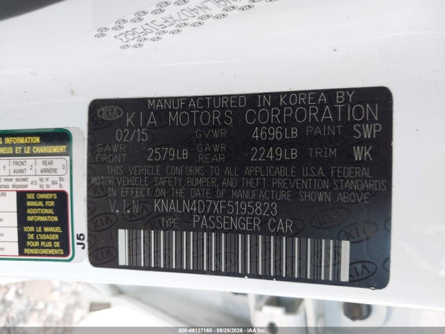 46127160 :رقم المزاد ، KNALN4D7XF5195823 vin ، 2015 Kia Cadenza Premium مزاد بيع
