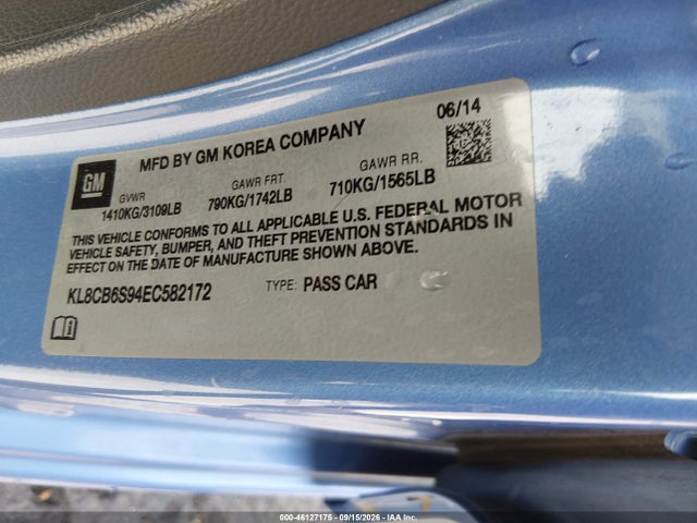 2014 Chevrolet Spark Ls Auto მანქანა იყიდება აუქციონზე, vin: KL8CB6S94EC582172, აუქციონის ნომერი: 46127175