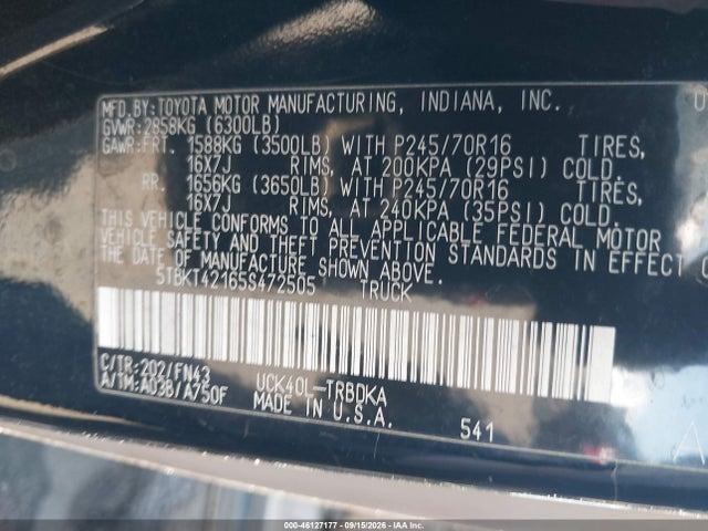 46127177 :رقم المزاد ، 5TBKT42165S472505 vin ، 2005 Toyota Tundra Base V8 مزاد بيع