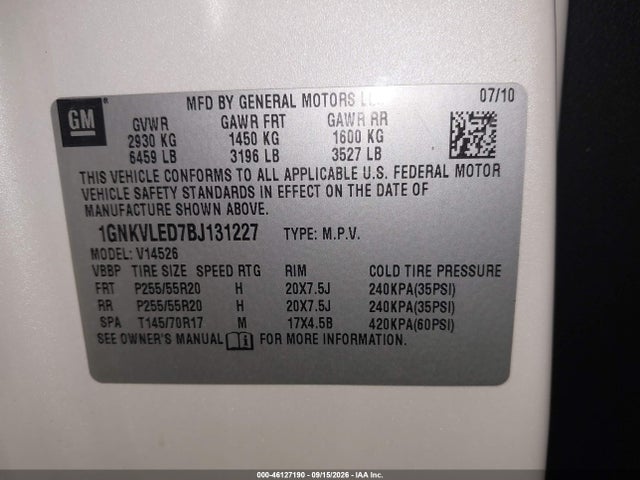 2011 Chevrolet Traverse Ltz მანქანა იყიდება აუქციონზე, vin: 1GNKVLED7BJ131227, აუქციონის ნომერი: 46127190