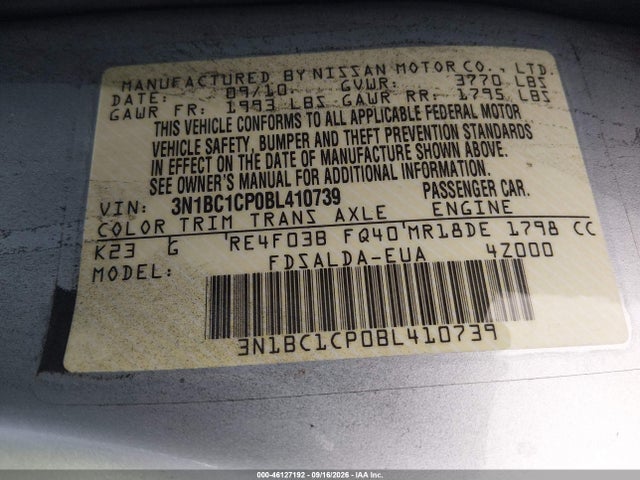 2011 Nissan Versa 1.8s მანქანა იყიდება აუქციონზე, vin: 3N1BC1CP0BL410739, აუქციონის ნომერი: 46127192
