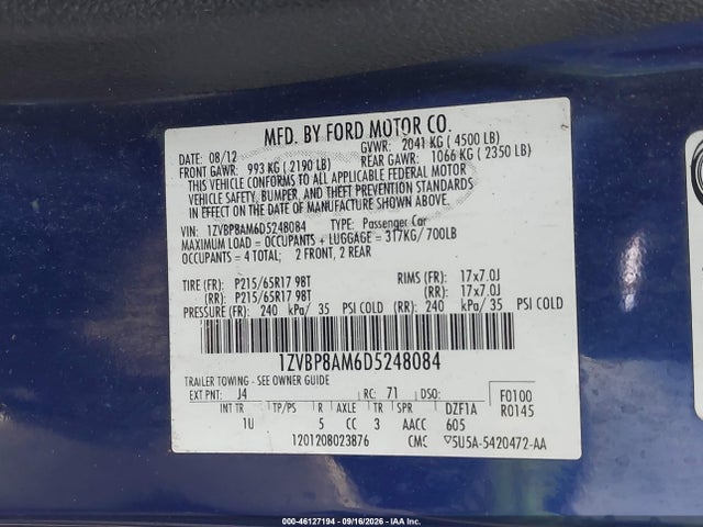 46127194 :رقم المزاد ، 1ZVBP8AM6D5248084 vin ، 2013 Ford Mustang V6 مزاد بيع