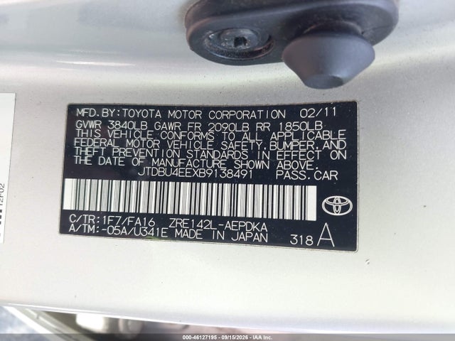 Auction sale of the 2011 Toyota Corolla, vin: JTDBU4EEXB9138491, lot number: 46127195