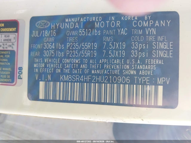 Продаж на аукціоні авто 2017 Hyundai Santa Fe Se Ultimate, vin: KM8SR4HF2HU210906, номер лоту: 46127202