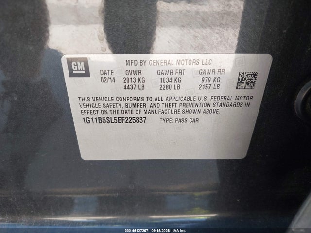 46127207 :رقم المزاد ، 1G11B5SL5EF225837 vin ، 2014 Chevrolet Malibu 1ls مزاد بيع