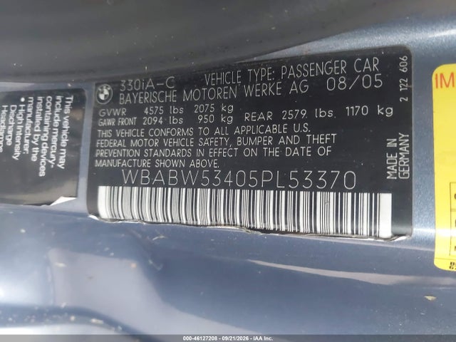Продаж на аукціоні авто 2005 Bmw 330ci, vin: WBABW53405PL53370, номер лоту: 46127208