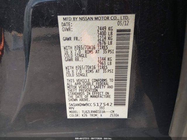 Продажа на аукционе авто 2012 Nissan Xterra S, vin: 5N1AN0NW9CC517542, номер лота: 46127213