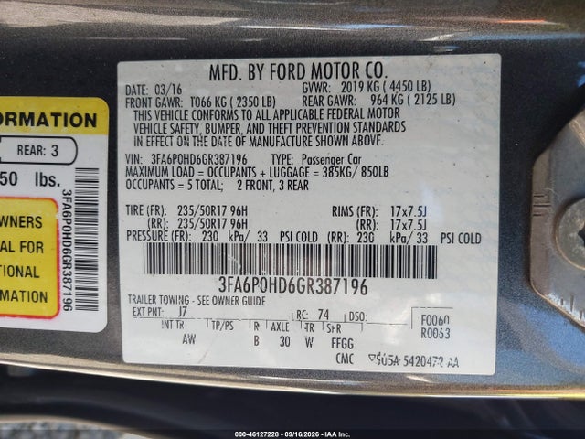 46127228 :رقم المزاد ، 3FA6P0HD6GR387196 vin ، 2016 Ford Fusion Se مزاد بيع