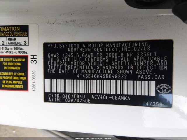 Продаж на аукціоні авто 2009 Toyota Camry Le, vin: 4T4BE46K49R048232, номер лоту: 46127231