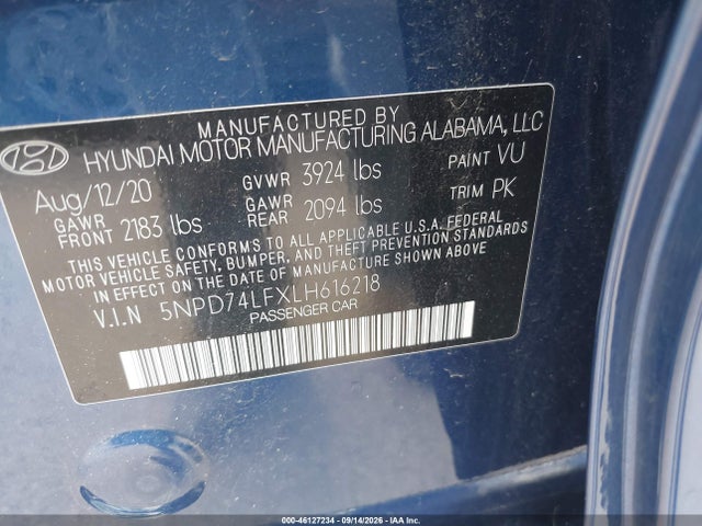 Продаж на аукціоні авто 2020 Hyundai Elantra Se, vin: 5NPD74LFXLH616218, номер лоту: 46127234