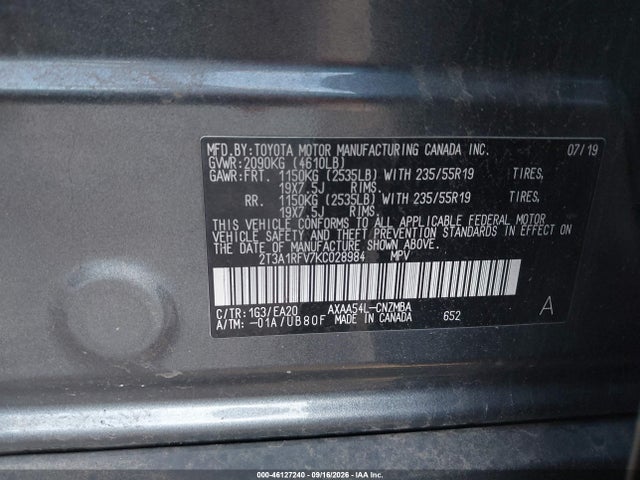 46127240 :رقم المزاد ، 2T3A1RFV7KC028984 vin ، 2019 Toyota Rav4 Xle Premium مزاد بيع