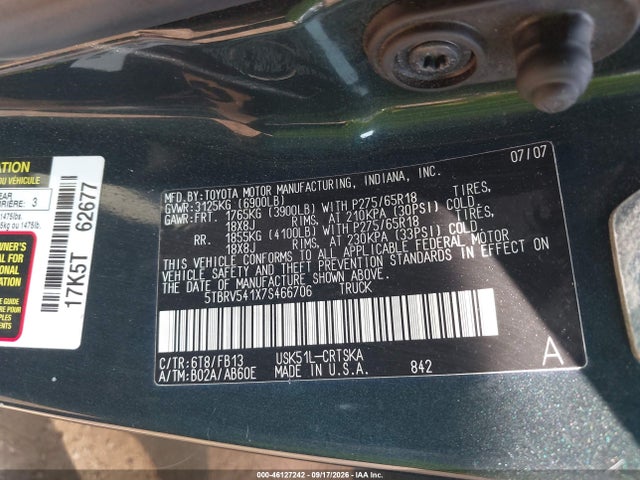 Продажа на аукционе авто 2007 Toyota Tundra Sr5 V8, vin: 5TBRV541X7S466706, номер лота: 46127242