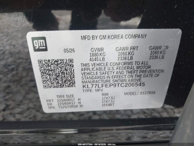 Aukcja sprzedaży 2026 Chevrolet Trax Fwd Ls, vin: KL77LFEP9TC206545, numer aukcji: 46127254