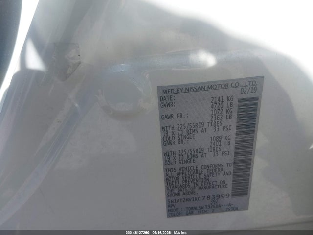 46127260 :رقم المزاد ، 5N1AT2MV1KC783999 vin ، 2019 Nissan Rogue Sl مزاد بيع