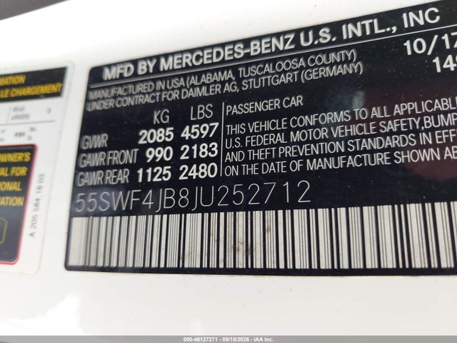Aukcja sprzedaży 2018 Mercedes-benz C 300, vin: 55SWF4JB8JU252712, numer aukcji: 46127271