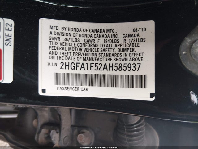 Продажа на аукционе авто 2010 Honda Civic Lx, vin: 2HGFA1F52AH585937, номер лота: 46127300