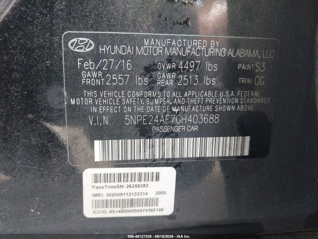 2016 Hyundai Sonata მანქანა იყიდება აუქციონზე, vin: 5NPE24AF7GH403688, აუქციონის ნომერი: 46127339