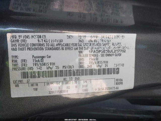 46127357 :رقم المزاد ، 1FADP3E20JL237702 vin ، 2018 Ford Focus S مزاد بيع